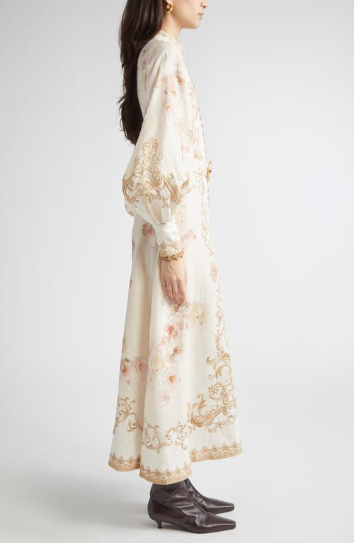 Zimmermann Womens Cream Peony Printed Silk-belt Buttoned Linen Midi Dress Xxs In Neutral