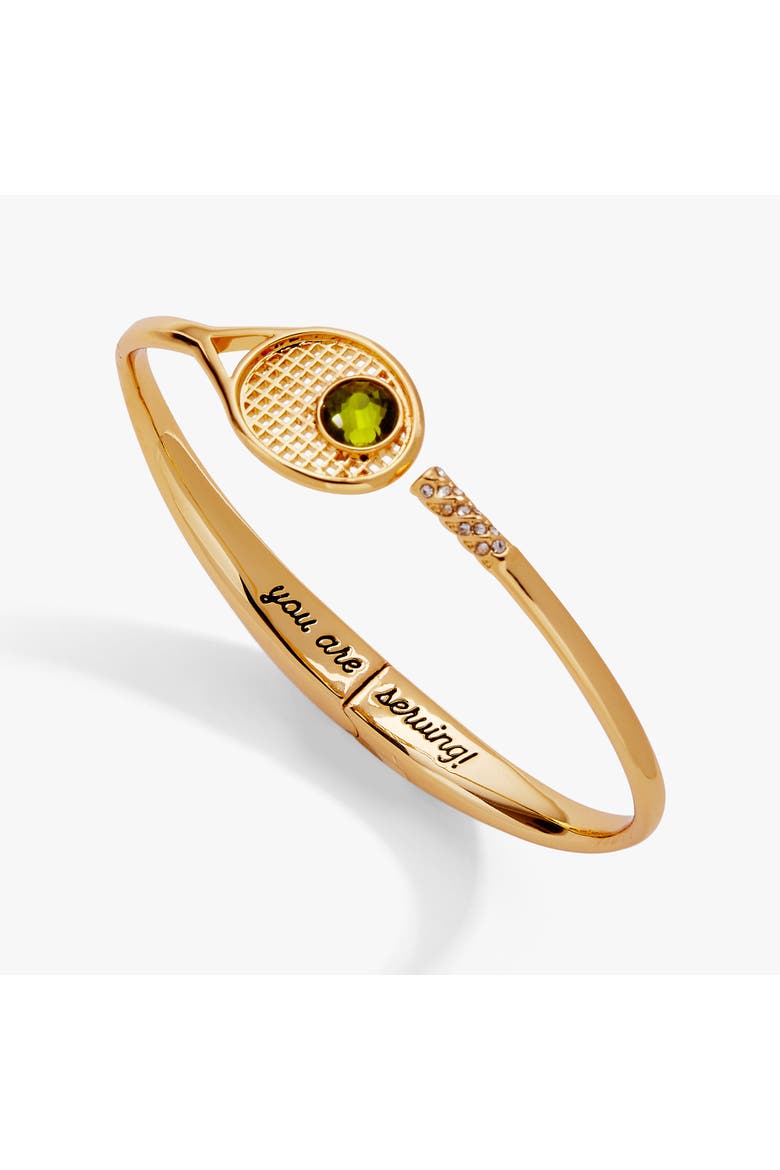 Tennis Racket 'You Are Serving' Hinge Cuff Bracelet, Main, color, Gold