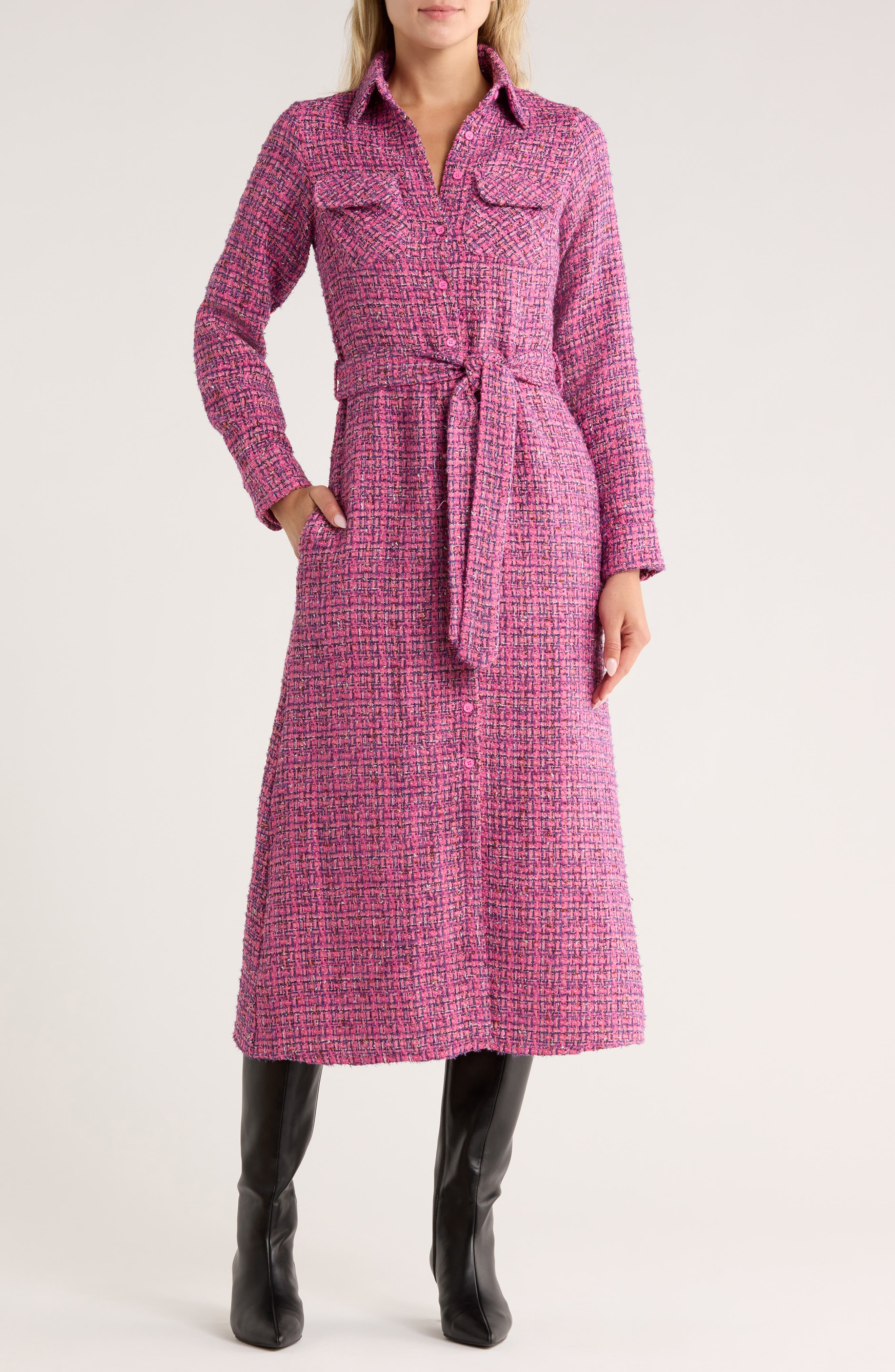 AREA STARS Dela Long Sleeve Tweed Shirtdress
