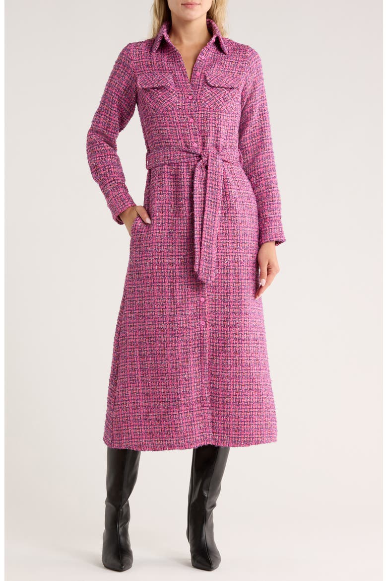 Dela Long Sleeve Tweed Shirtdress, Main, color, PINK TWEED