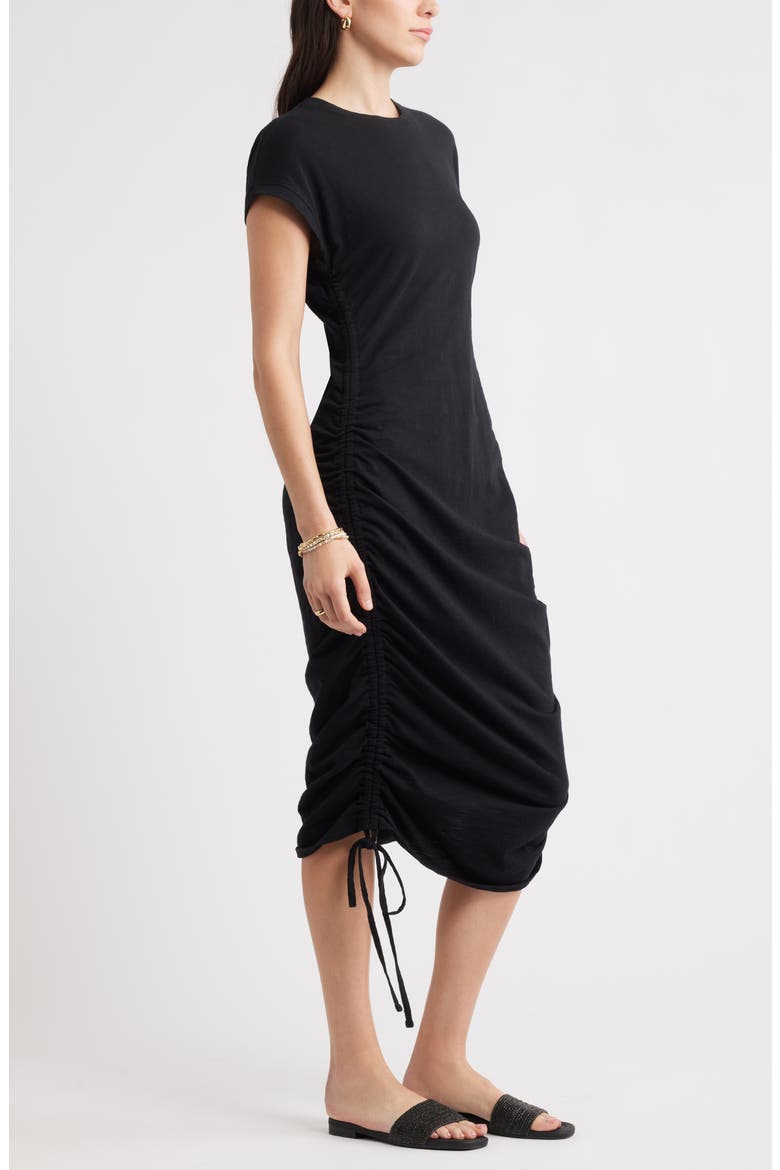 Ruched Cotton Midi T-Shirt Dress, Alternate, color, BLACK