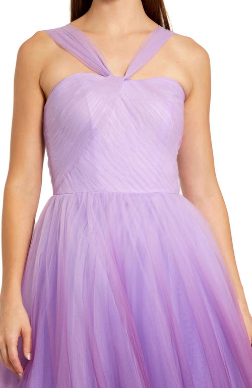 Mac Duggal Cross Front Strap Ombre Tulle Gown In Purple Ombre