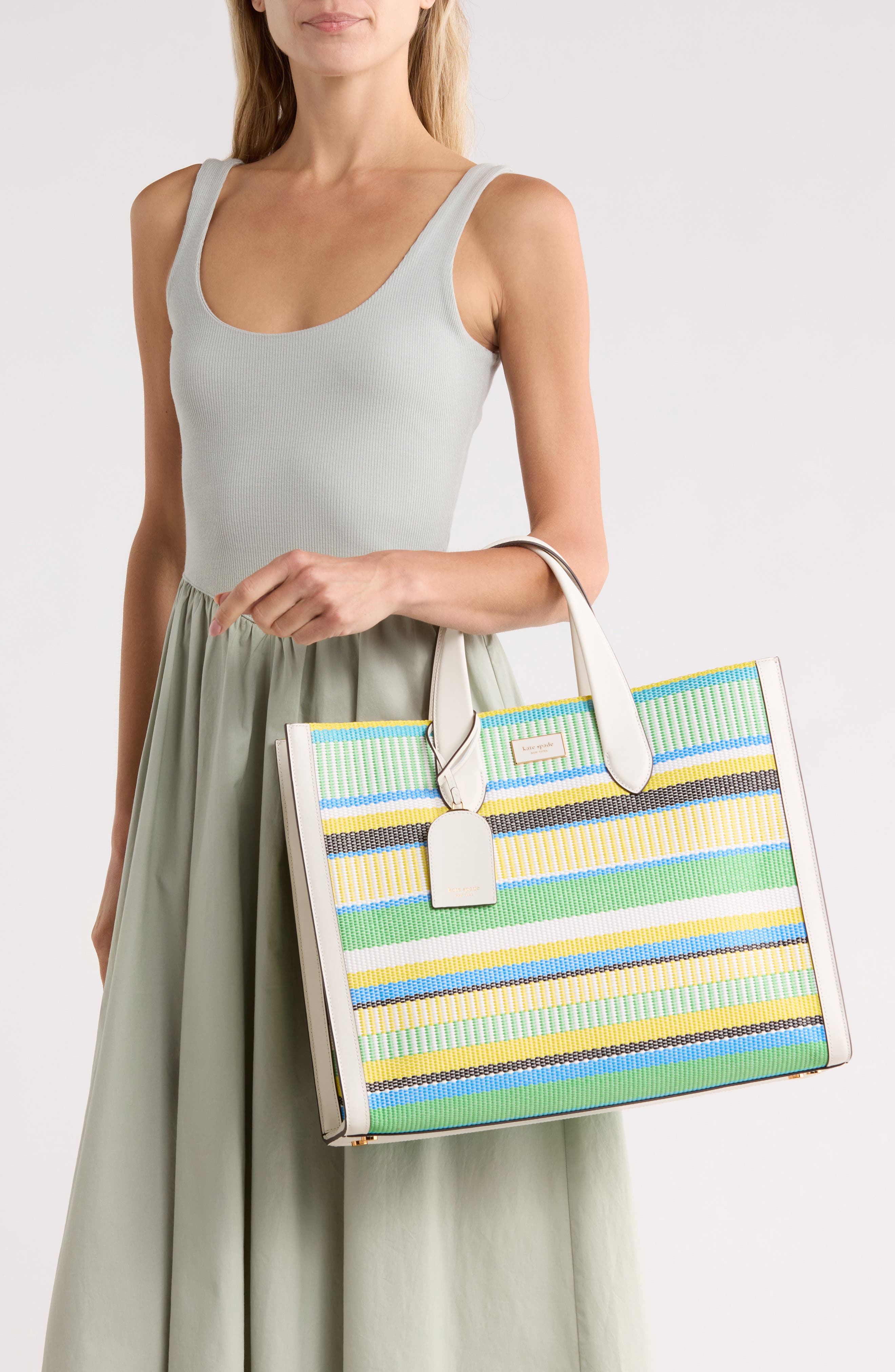 Manhattan Large Striped Woven Straw Tote, Alternate, color, GREEN MULTI