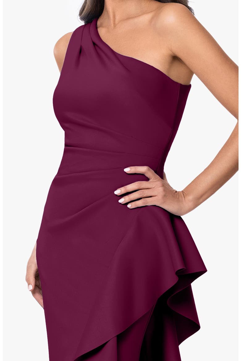 One-Shoulder Ruffle Scuba Crepe Gown, Alternate, color, RAISIN