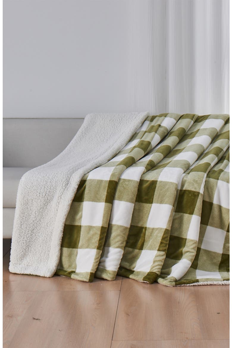 Reversible Faux Shearling Blanket, Alternate, color, OLIVE GREEN BUFFALO CHECKS