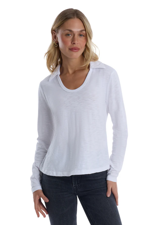 Scoop Neck Long Sleeve Polo Tee with Round Hem