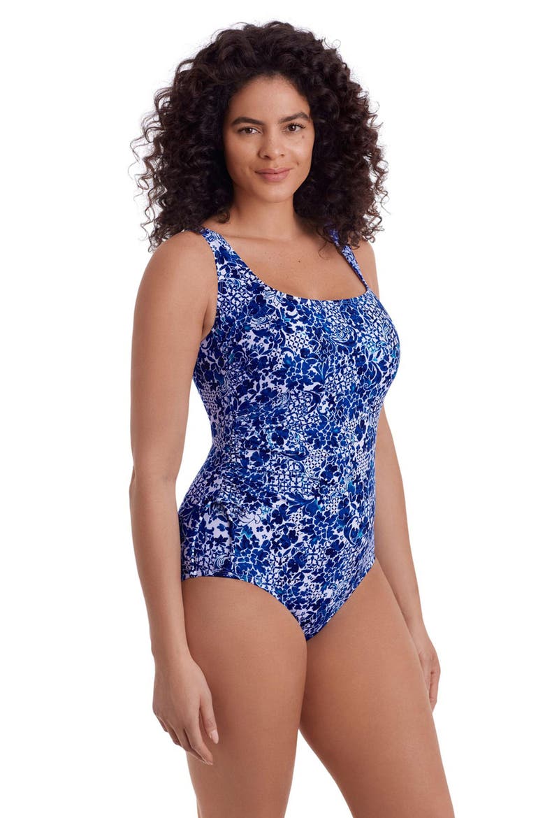 Faux Shirred Tie Tank Long Torso One-Piece Swimsuit, Alternate, color, Floral City