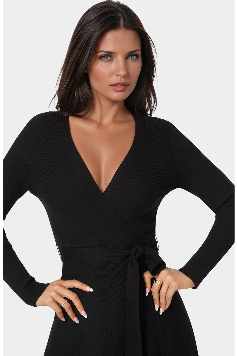 Surplice V-Neck Fit & Flare Sweater Dress, Alternate, color, BLACK