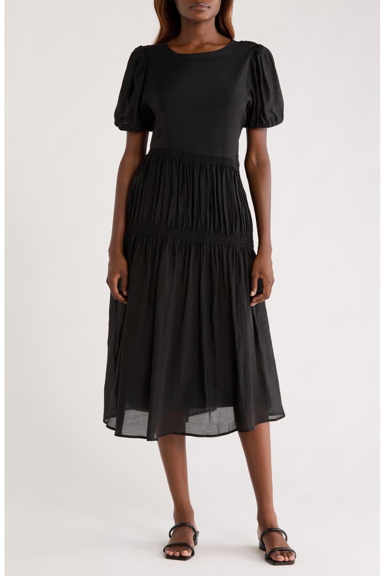 Puff Sleeve Smocked Tiered Midi Dress, Main, color, BLACK