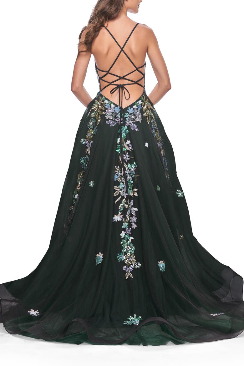 Gorgeous Sequin Floral Lace Applique A-Line Tulle Prom Dress, Alternate, color, Black