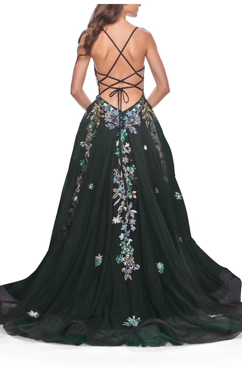 La Femme Gorgeous Sequin Floral Lace Applique A-Line Tulle Prom Dress, Alternate, color, Black