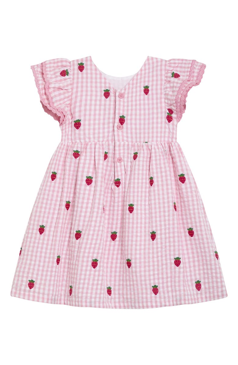 Gingham Check Strawberry Embroidered Cotton Seersucker Dress