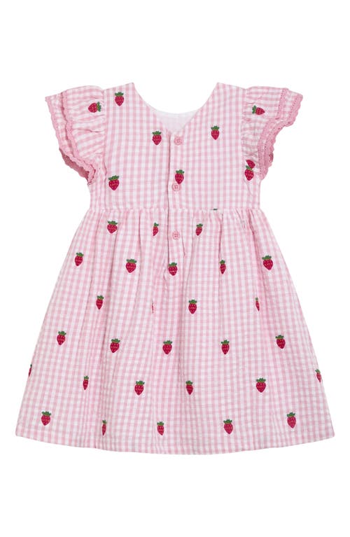 Jojo Maman Bébé Jojo Maman Bebe Gingham Check Strawberry Embroidered Cotton Seersucker Dress In Pink
