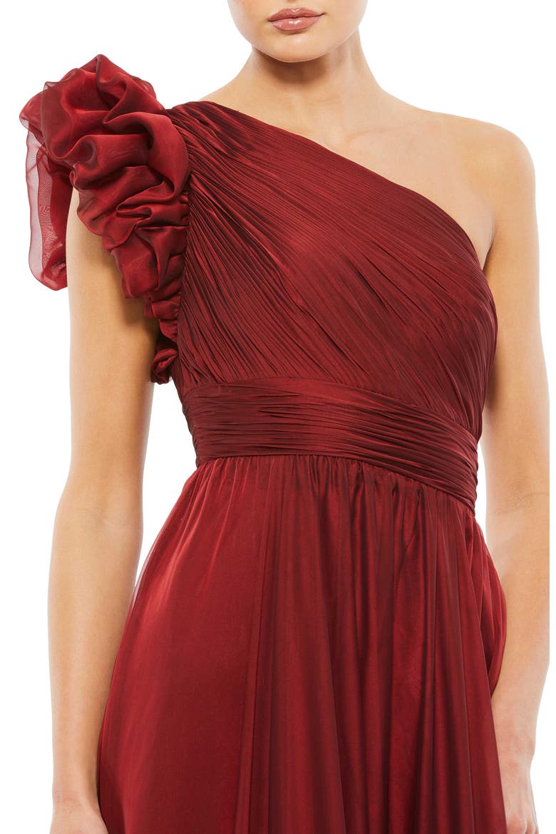 Organza One-Shoulder Pleated Ruffle Gown, Alternate, color, Wine