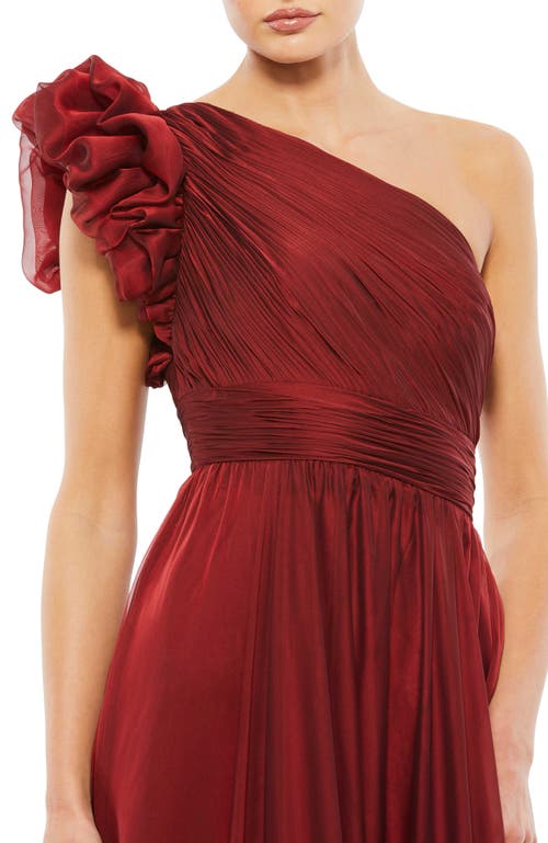 Mac Duggal Organza One-shoulder Pleated Ruffle Gown In Burgundy
