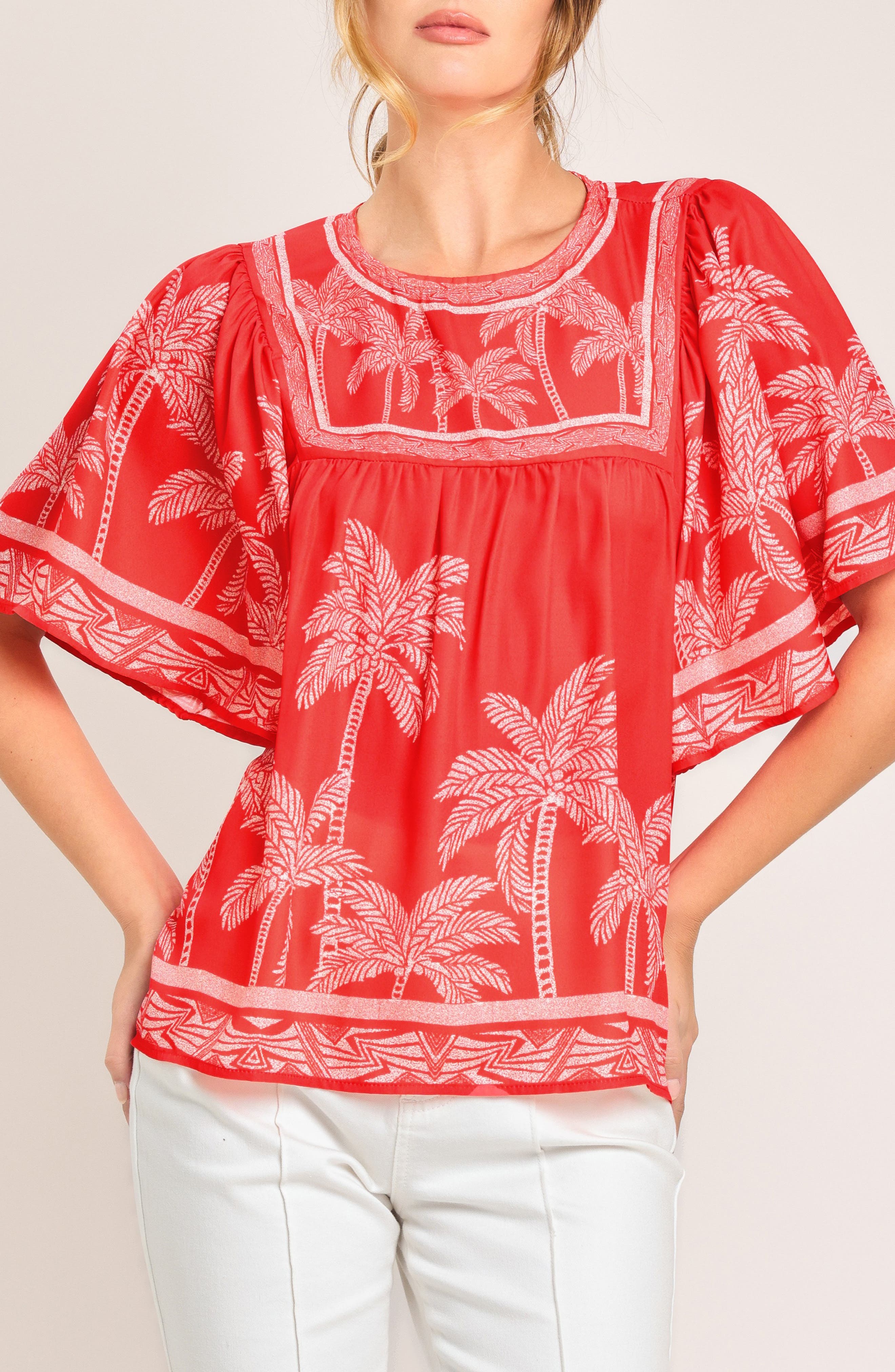 Palm Print Flutter Sleeve Top