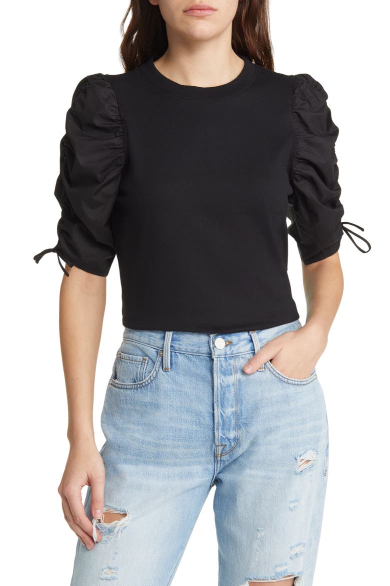 Ruched Sleeve T-Shirt, Main, color, NOIR
