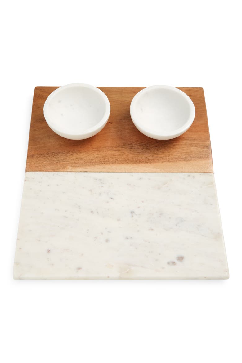 Marble & Acacia Wood Board & Serving Bowl Set, Main, color, WHITE CLOUD MARBLE