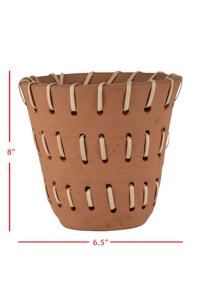 Natural Handthrown Terracotta Planter with Woven Rattan Accents, Alternate, color, Brown