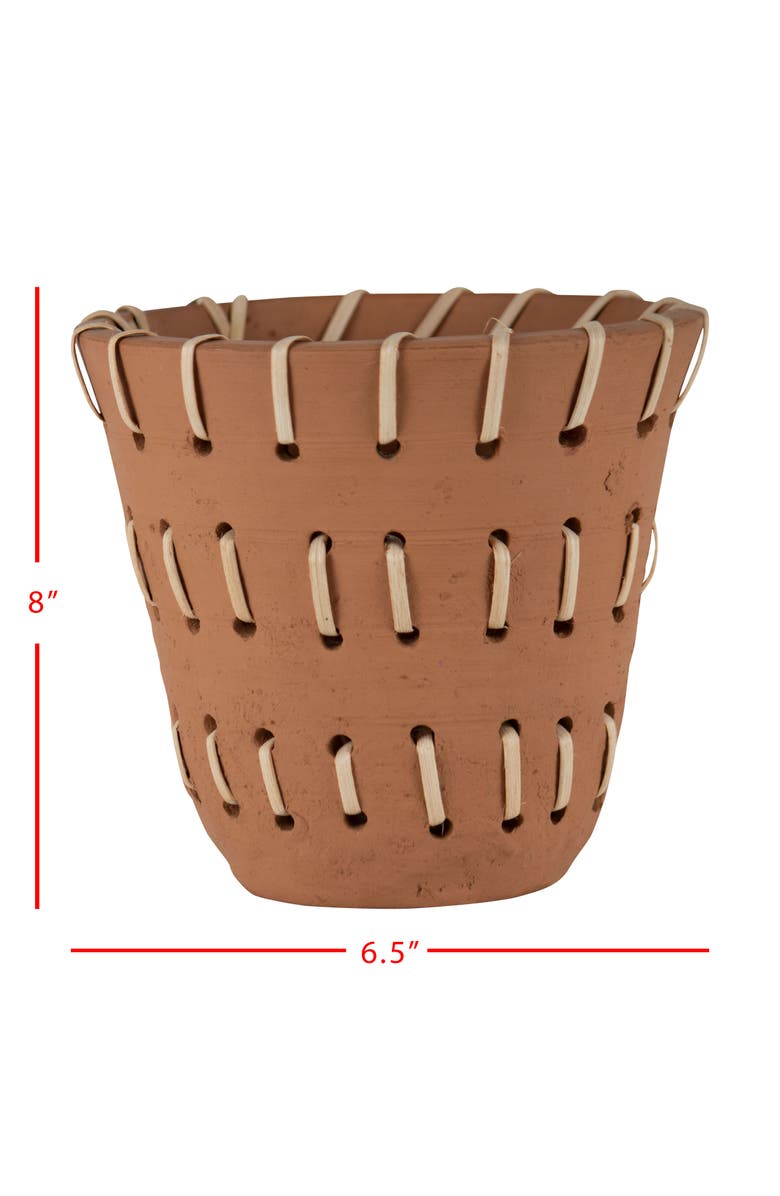 Foreside Home and Garden Natural Handthrown Terracotta Planter with Woven Rattan Accents, Alternate, color, Brown