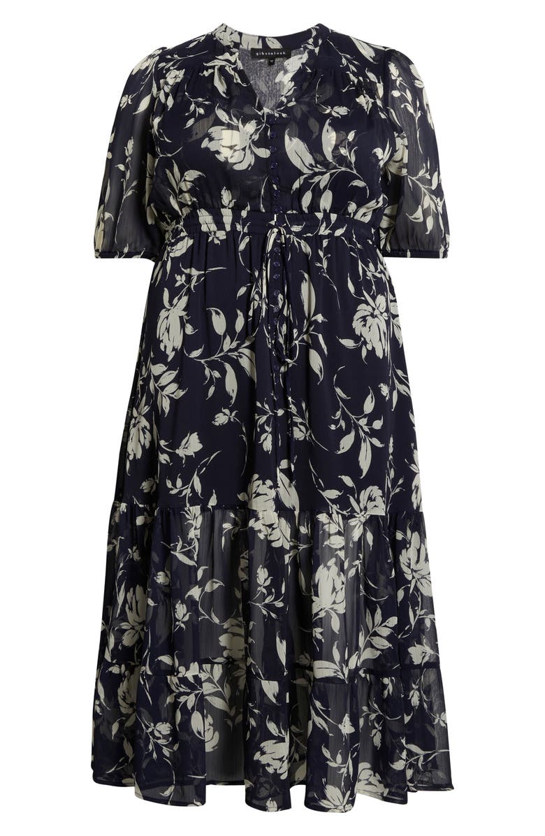 GIBSONLOOK Kira Print Drawstring Maxi Dress, Alternate, color, Navy White Floral