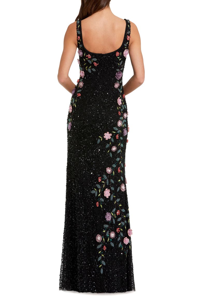 Embellished Mesh Gown with Scoop Neck and Floral Beading, Alternate, color, Black Multi