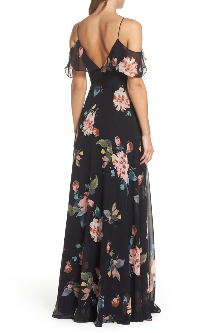 Mila Cold Shoulder Gown, Alternate, color, BLACK MULTI