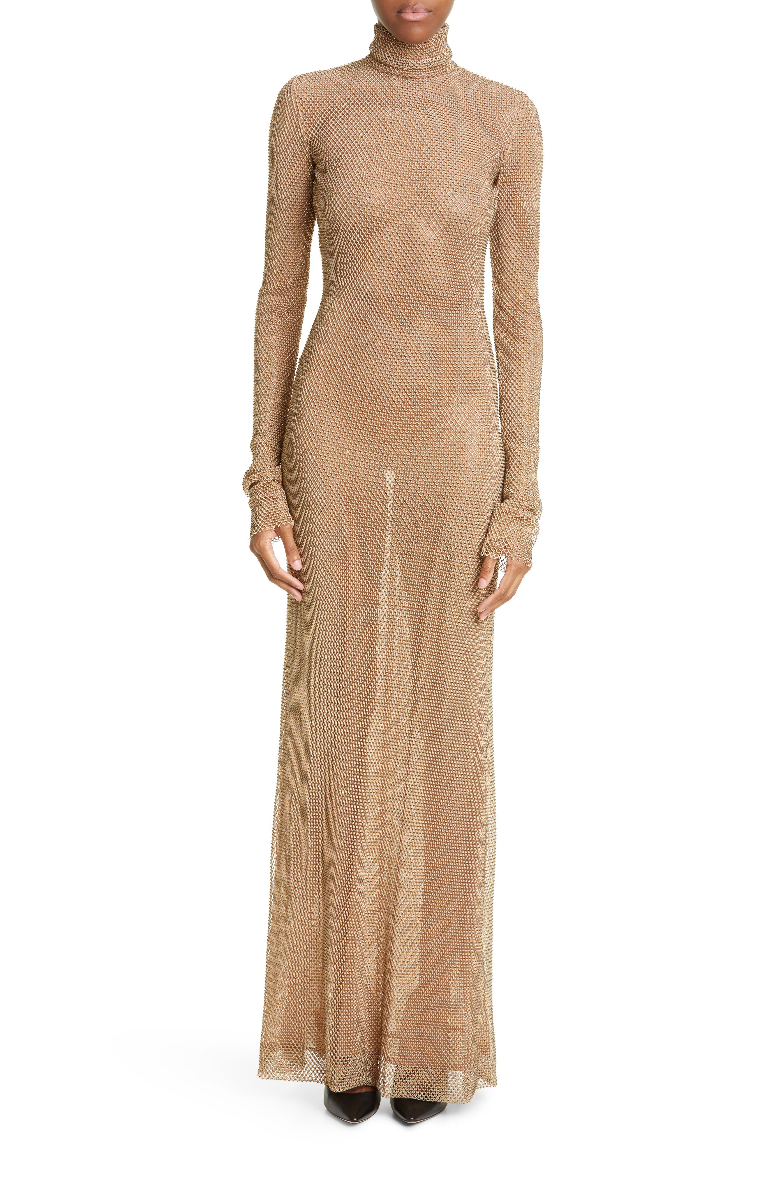 Stud Long Sleeve Mock Neck Gown