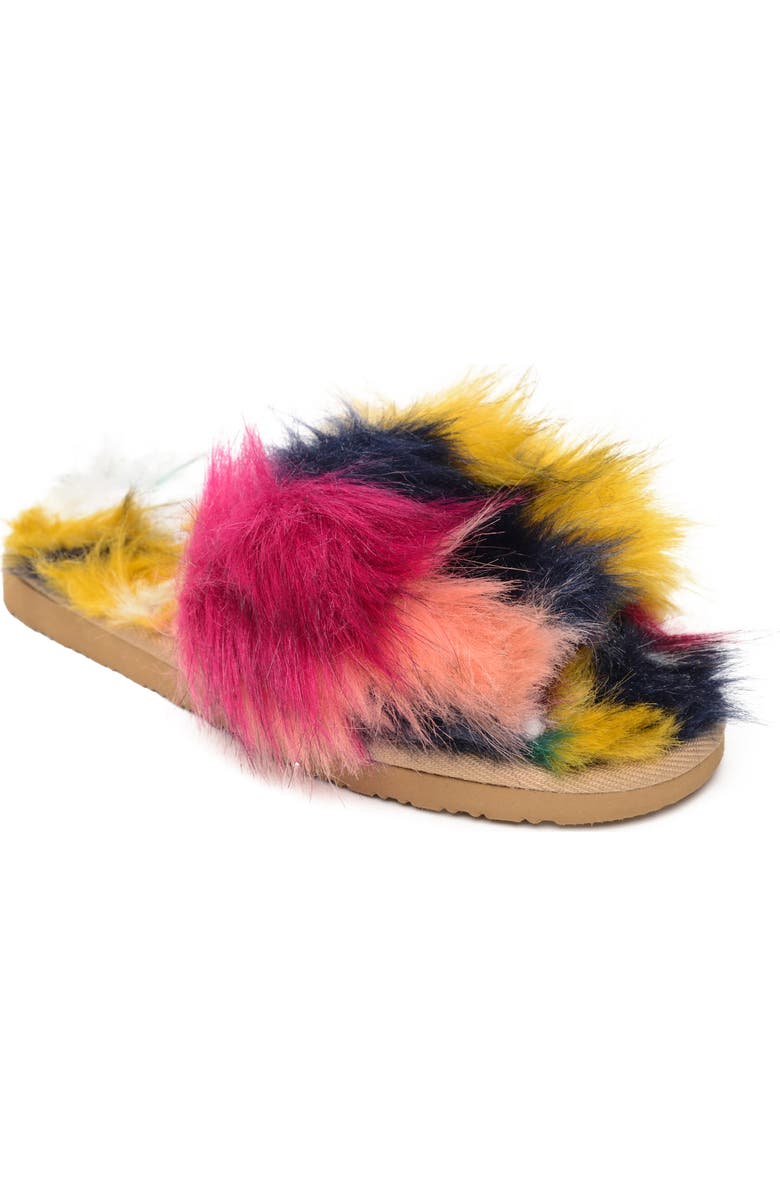 Minnetonka Lolo Faux Fur Slide Sandal, Main, color, Navy Unicorn