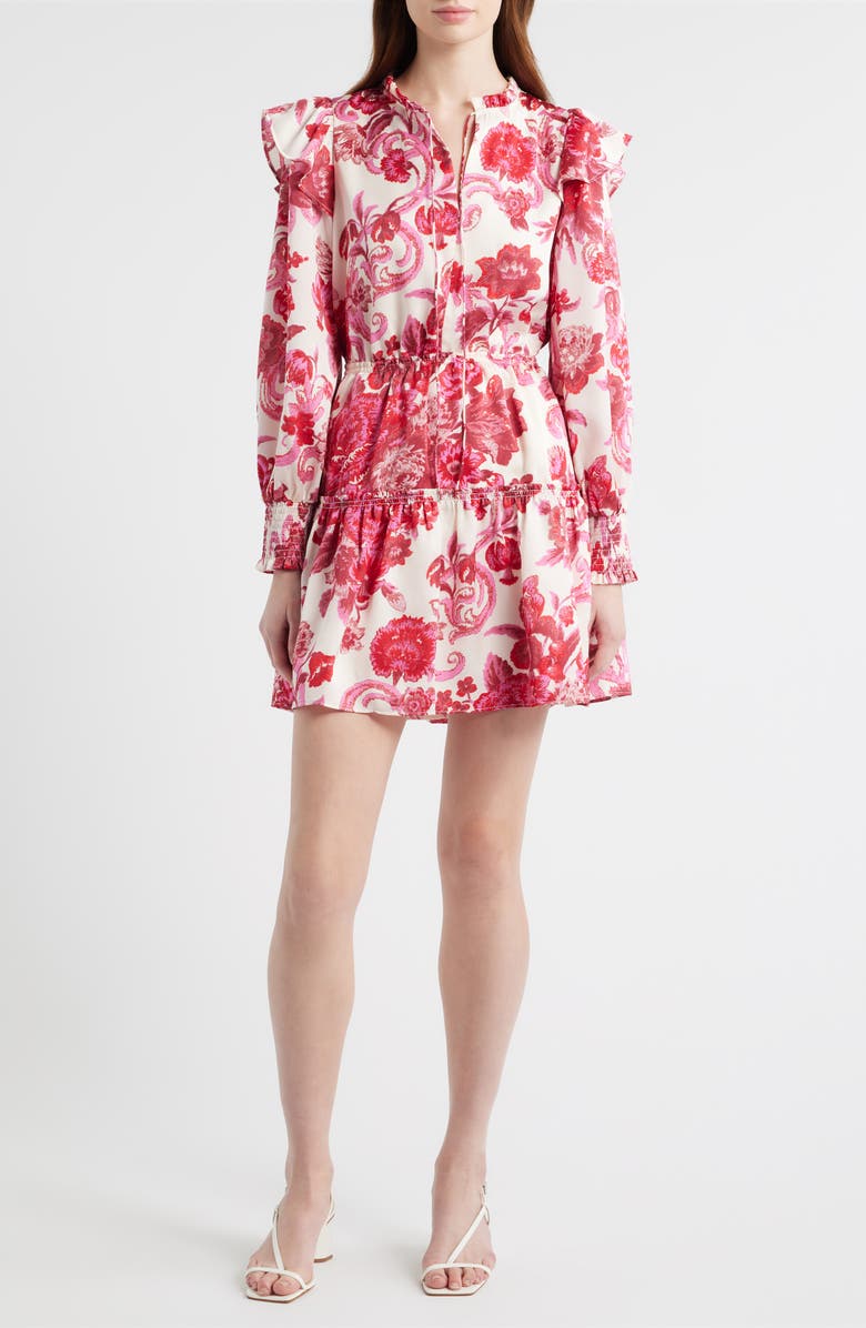Chelsea28 Floral Long Sleeve Tiered Chiffon Minidress, Main, color, Ivory- Pink Furnished Floral