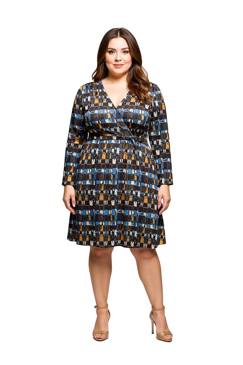 Long Sleeve Wrap Dress with Belt, Main, color, Brown Multi