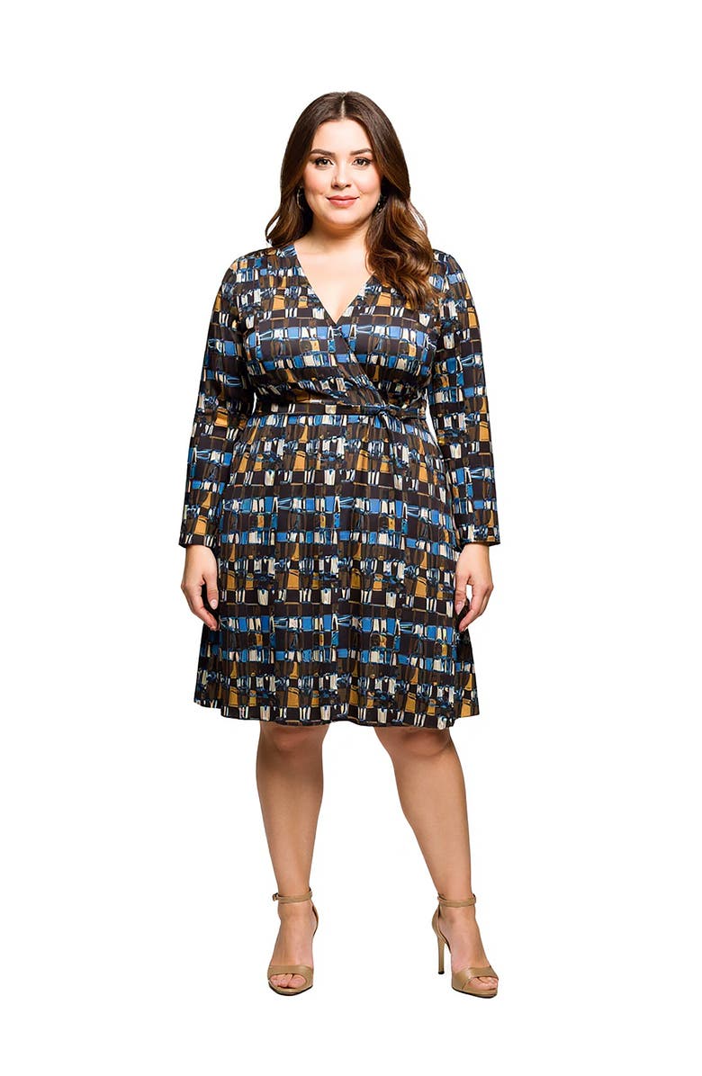 24seven Comfort Apparel Long Sleeve Wrap Dress with Belt, Main, color, Brown Multi