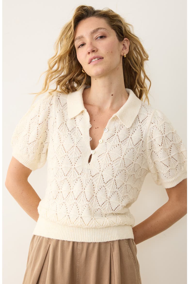 Rebecca Short Sleeve Pointelle Polo Sweater, Alternate, color, CREAM