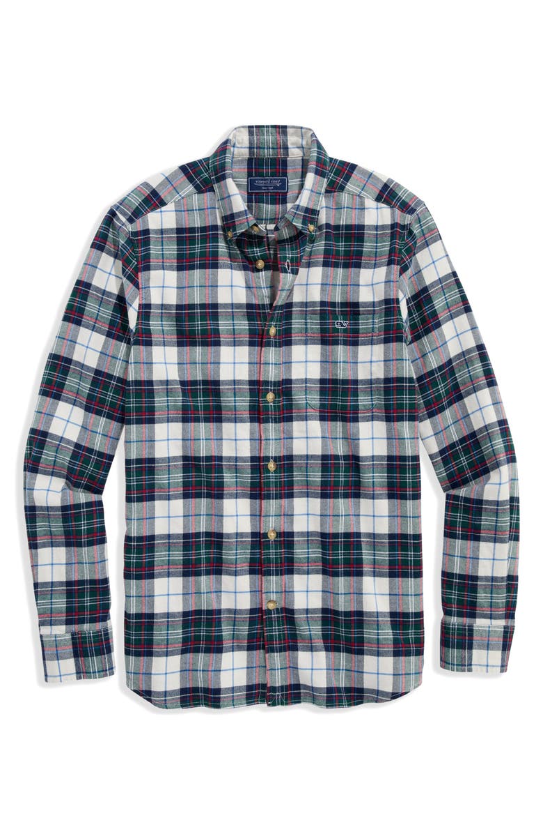vineyard vines Birch Plaid Stretch Flannel Button Down Shirt, Main, color, Charleston Green