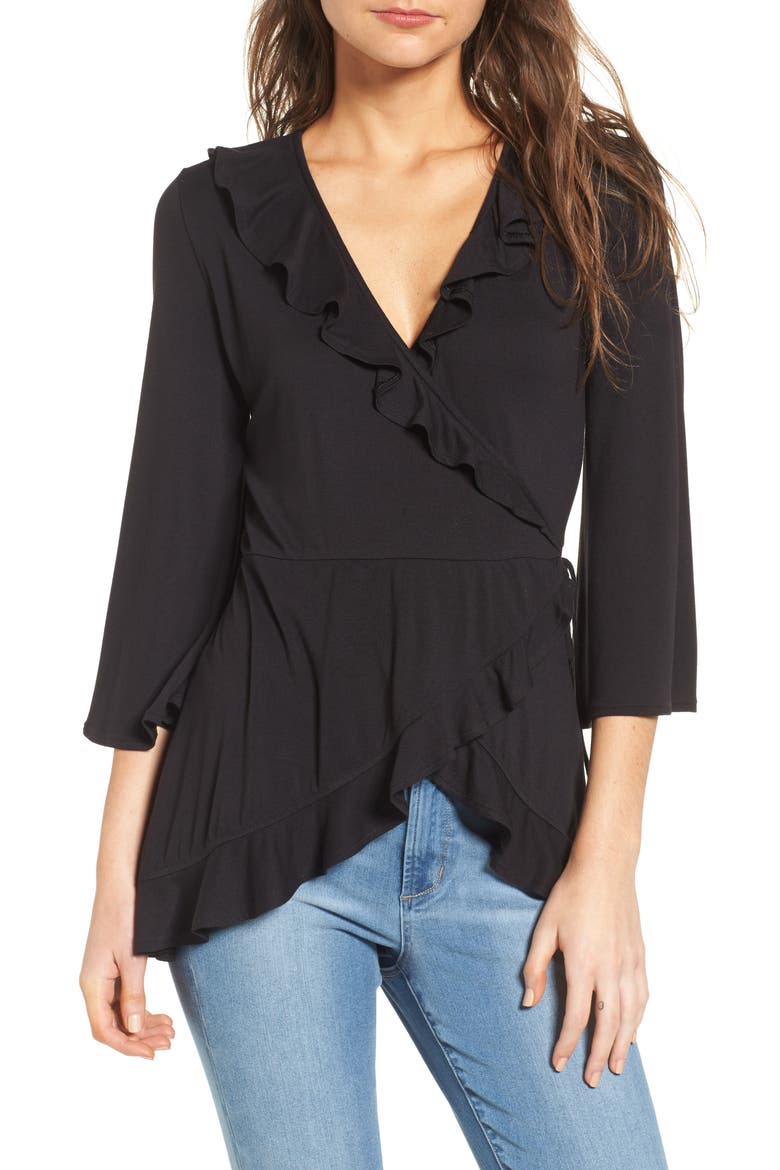 Ruffle Wrap Top, Main, color, BLACK