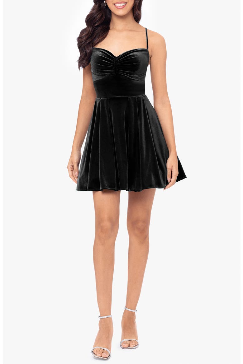 Lace-Up Back Stretch Velvet Fit & Flare Minidress, Main, color, BLACK