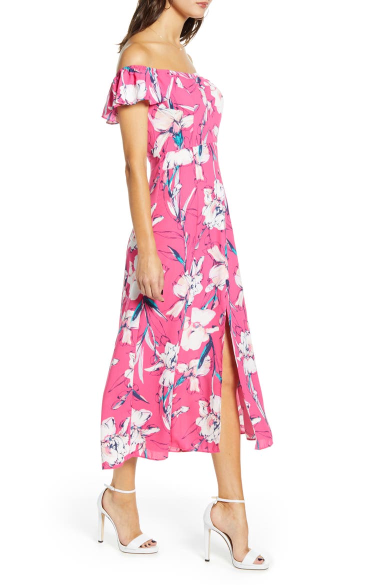 Floral Flounce Detail Dress, Alternate, color, PINK MAGENTA INKED IRIS