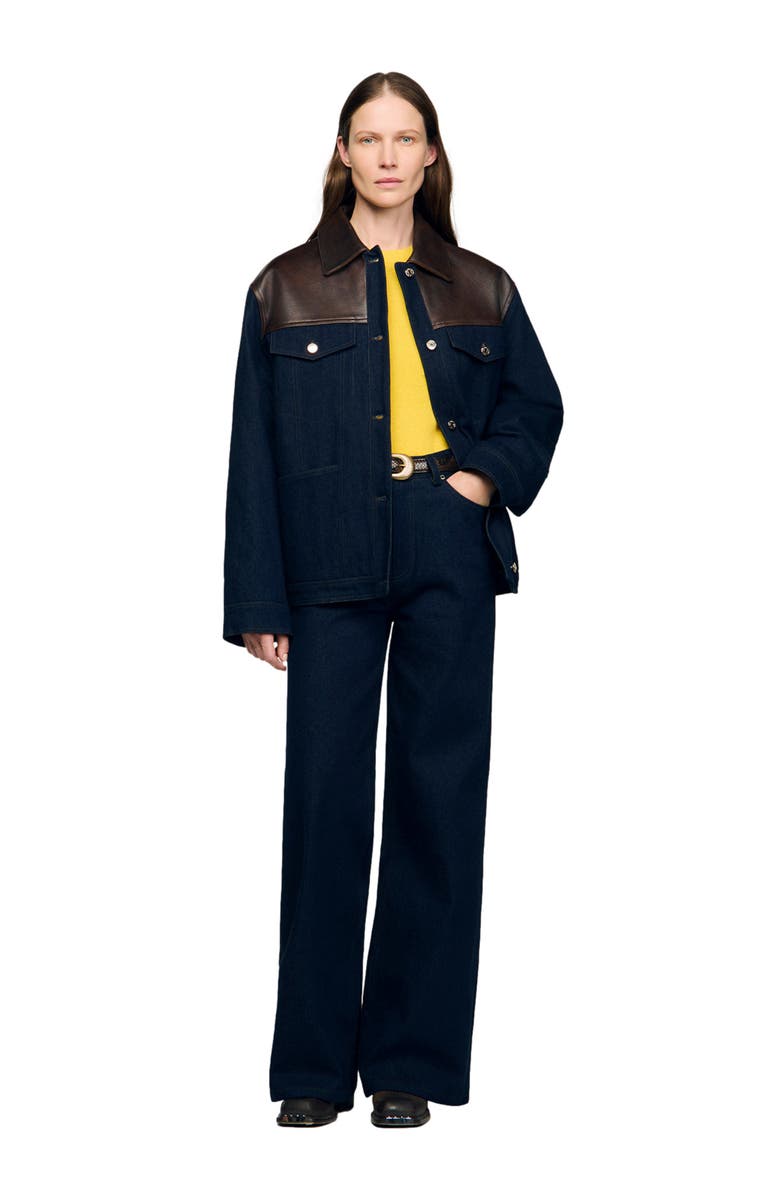 SANDRO Denim and leather jacket, Alternate, color, Blue Jean