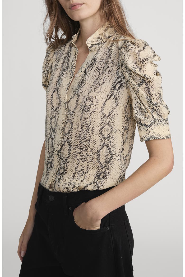 The Gillian Snake Print Puff Sleeve Silk Top, Alternate, color, CAMEL MULTI