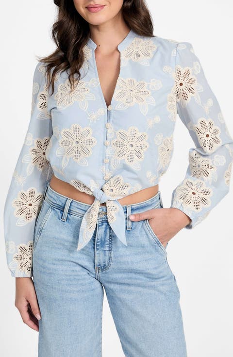 Hazel Floral Embroidered Long Sleeve Tie Front Top