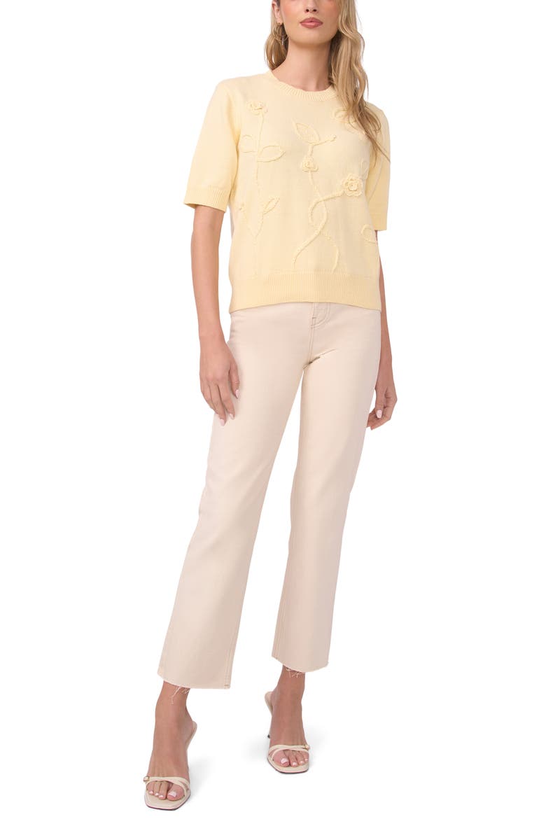 Floral Appliqué Cotton Blend Sweater, Alternate, color, LIGHT LEMON