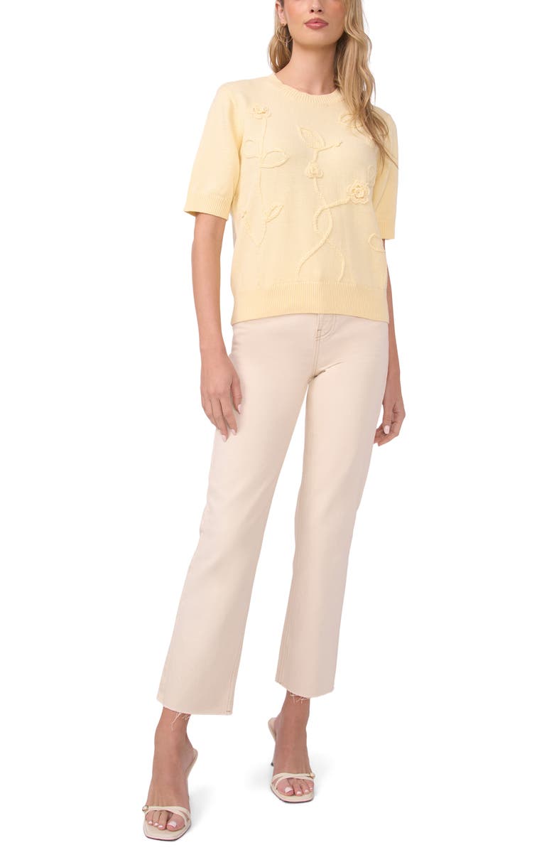 Vince Camuto Floral Appliqué Cotton Blend Sweater, Alternate, color, Light Lemon