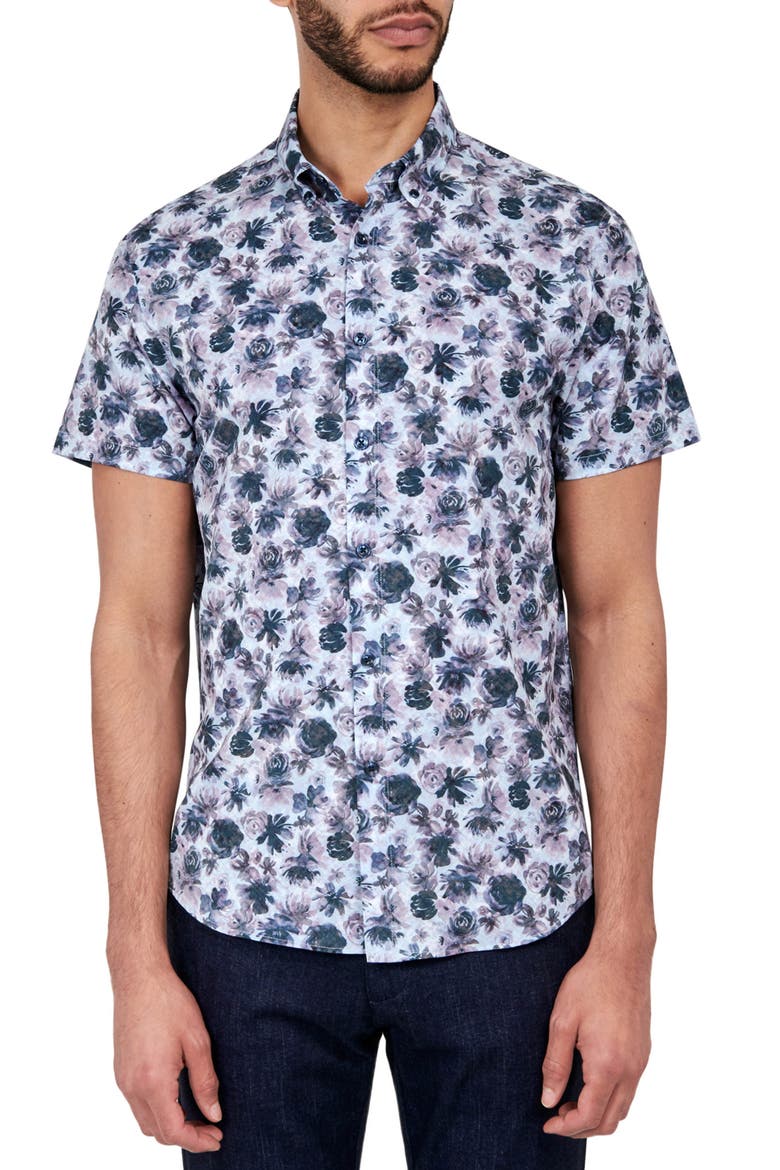 Quay Watercolor Floral Short Sleeve Shirt, Main, color, NAVY/ PURPLE
