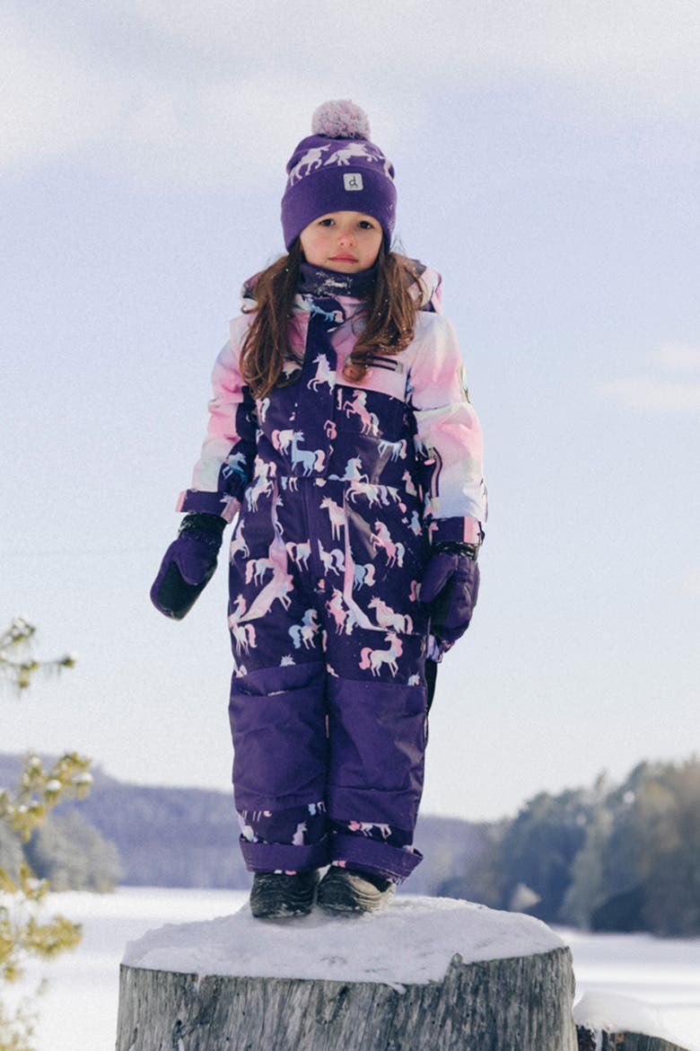 Play Unicorn Hood & Expandable Sleeve One Piece Snowsuit, Alternate, color, Purple Unicorn Print