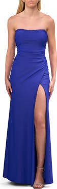 La Femme Strapless Evening Dress with Beading Detail on Slit and Neckline