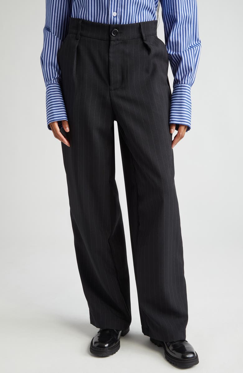 HOUSE OF AAMA Pinstripe High Waist Wool & Cotton Gabardine Trousers, Main, color,