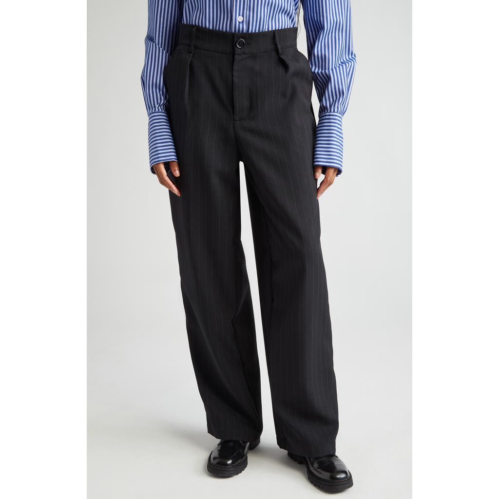 House Of Aama Pinstripe High Waist Wool & Cotton Gabardine Trousers In Black
