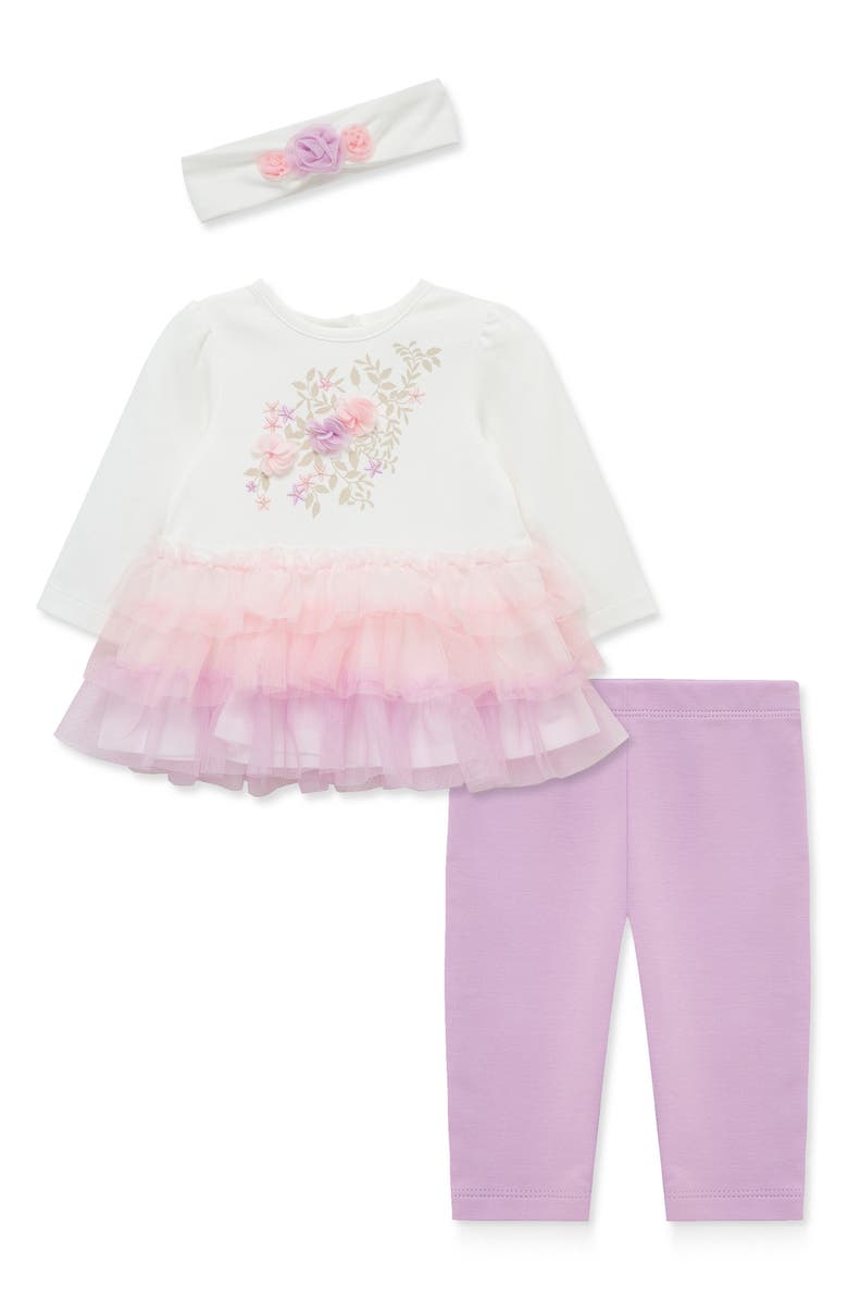 Little Me Floral Tiered Tulle Top, Leggings & Headband Set, Main, color, Lilac