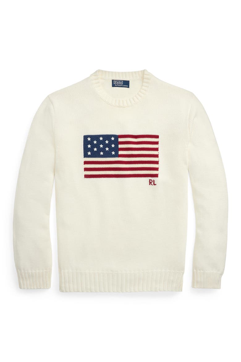 Intarsia Flag Cotton Crewneck Sweater, Alternate, color, WHITE