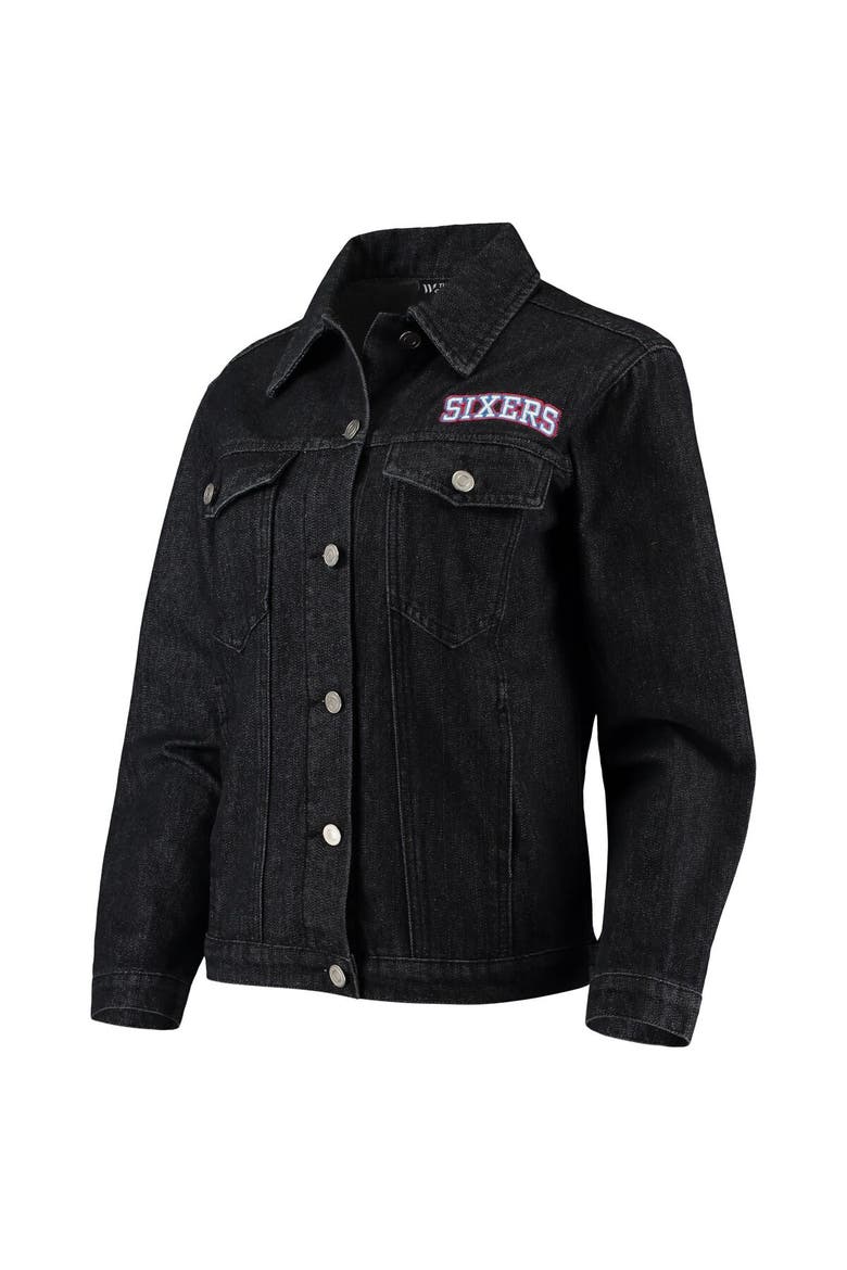 Women's The Wild Collective Black Philadelphia 76ers Patch Denim Button-Up Jacket, Alternate, color, Black